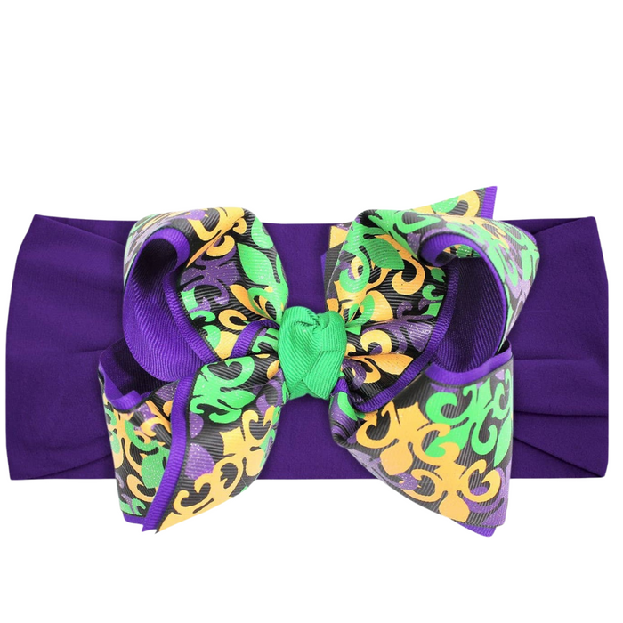 Wide Pantyhose Headband w/Mardi Gras-Fleur Del Lis Bow