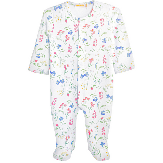 white footie with pink, blue, and yellow flower print.