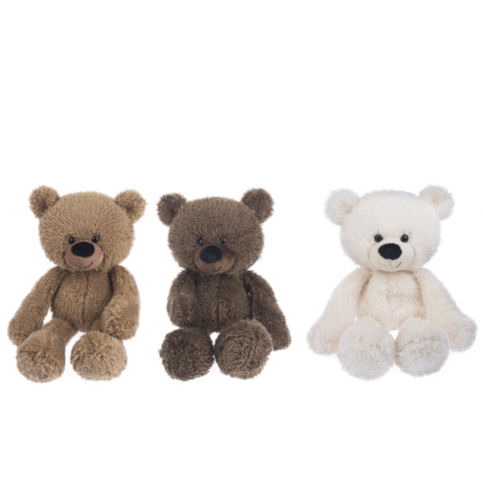 3 stuffed bears, cream, light brown and dark brown sitting on a white background