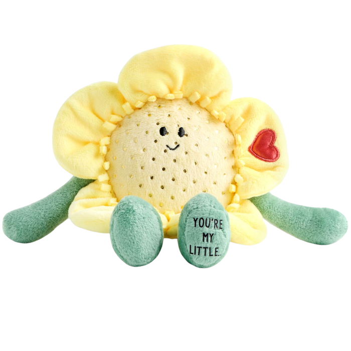 Soft buttercup flower plush toy with yellow petals, smiling embroidered face, stitched red heart, and “You’re My Little…” on the foot on a white background.