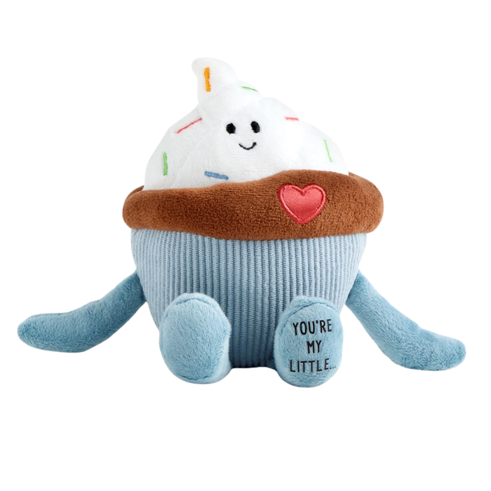 Cute cupcake-shaped plush toy with white frosting, embroidered sprinkles, stitched heart, and “You’re My Little…” on the foot, shown on a white background.