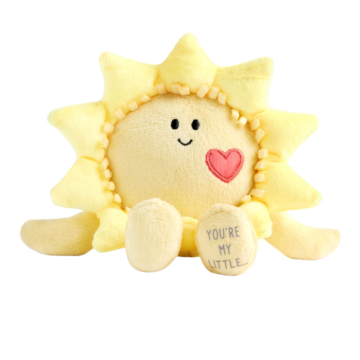 Soft yellow sunshine plush toy with embroidered face, heart patch, and “You’re My Little…” text on the foot, displayed on a white background.